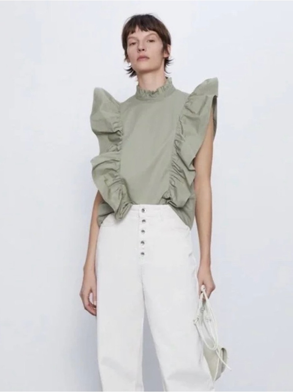 Zara Olive Green Ruffled Blouse